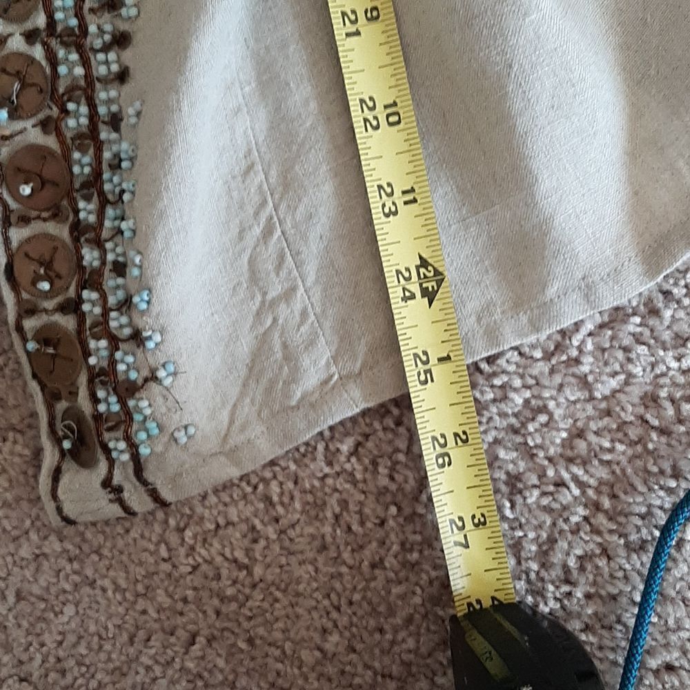 Chico's tan Linen jacket with turqoise beads and copper tacking - Picture 6 of 8